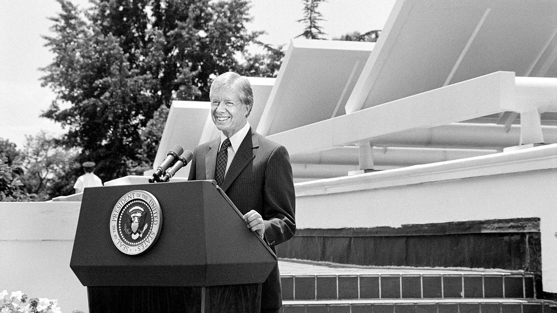 U.S. President Jimmy Carter speaking in front of solar panels placed on the West Wing Roof of the White House, announcing his solar energy policy on June 20, 1979.