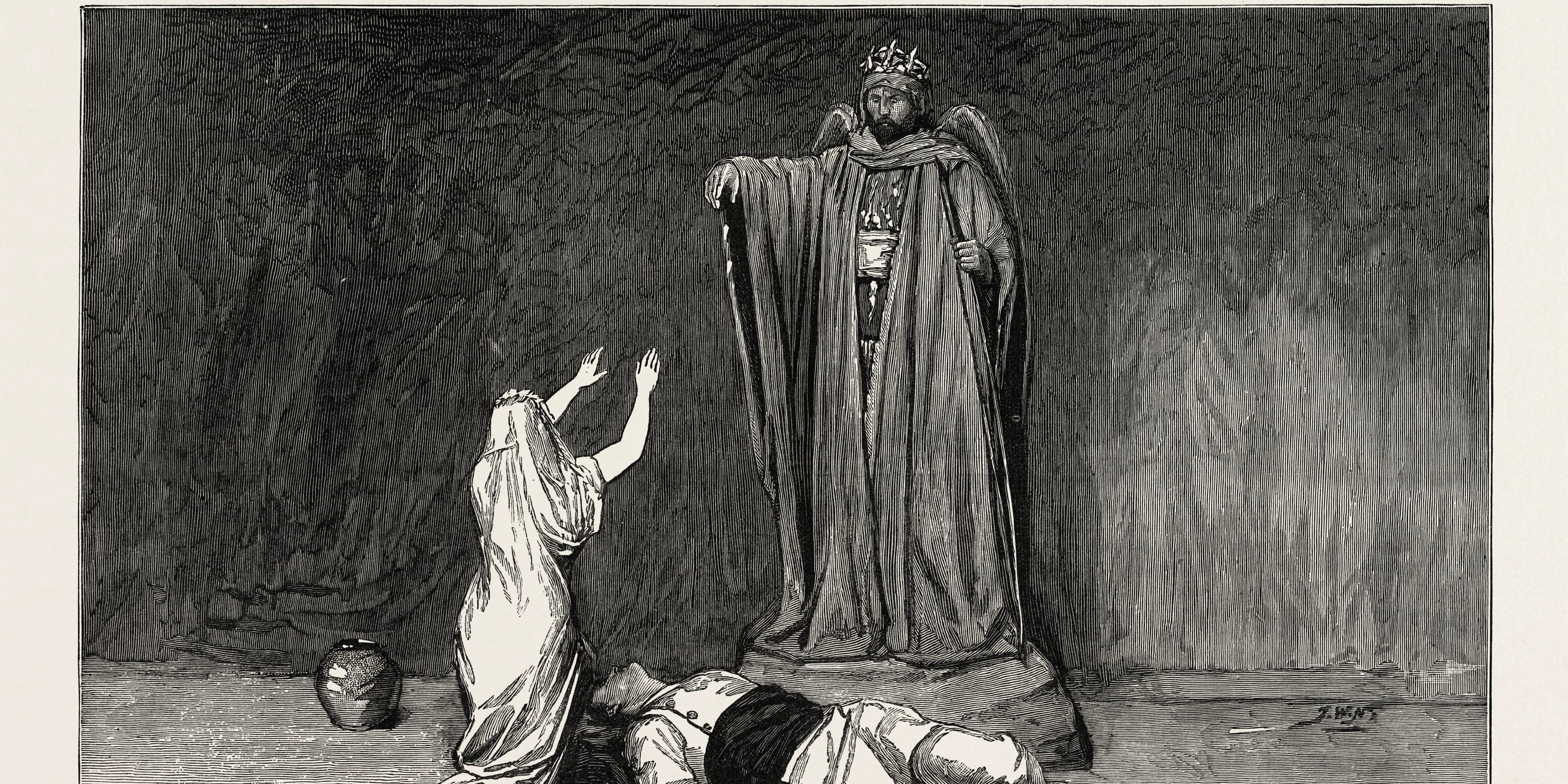 Shadowy black and white print showing the back of a kneeling woman reaching up toward a tall robed god, with a dead man lying on the ground beside her
