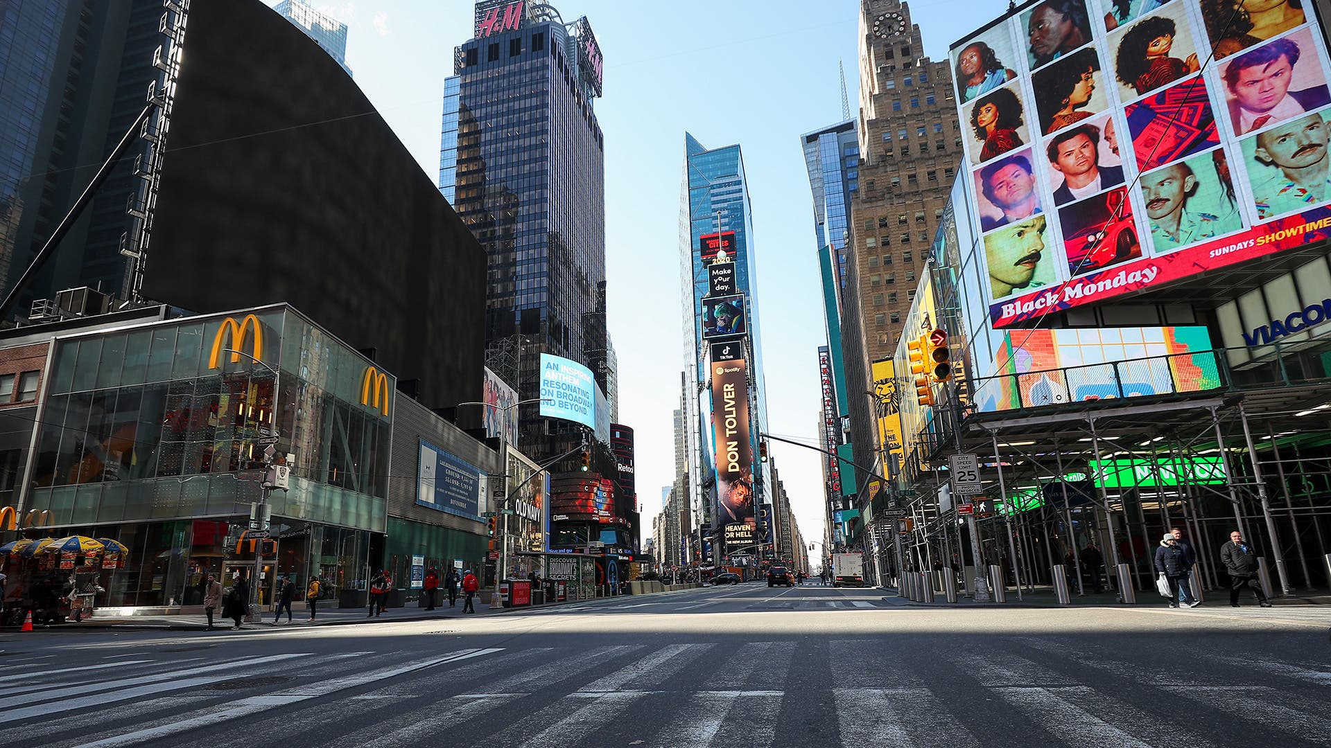 New York City's famous Times Square is seen nearly empty due to the COVID-19 pandemic on March 16, 2020.