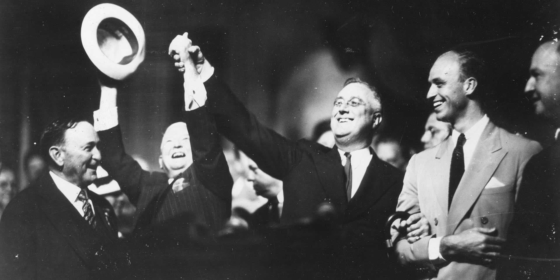 Franklin D. Roosevelt and John Nance Garner celebrate during the 1936 Democratic National Convention, Philadelphia, Pennsylvania, 1936.